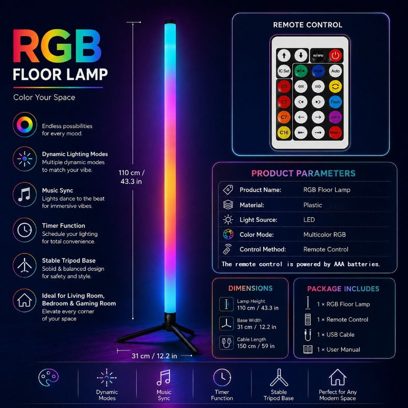 Lampadaire LED RVB à minuterie et télécommande, colonne de 110 cm