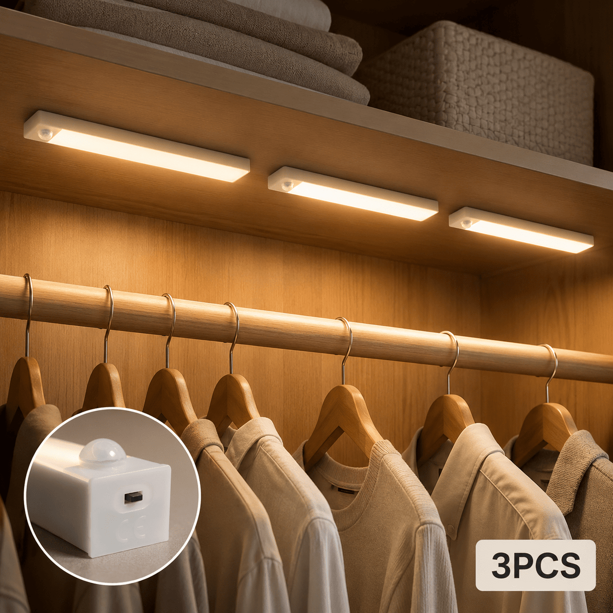Lot de 3 barres LED à détecteur PIR et interrupteur, 20 à 50 cm