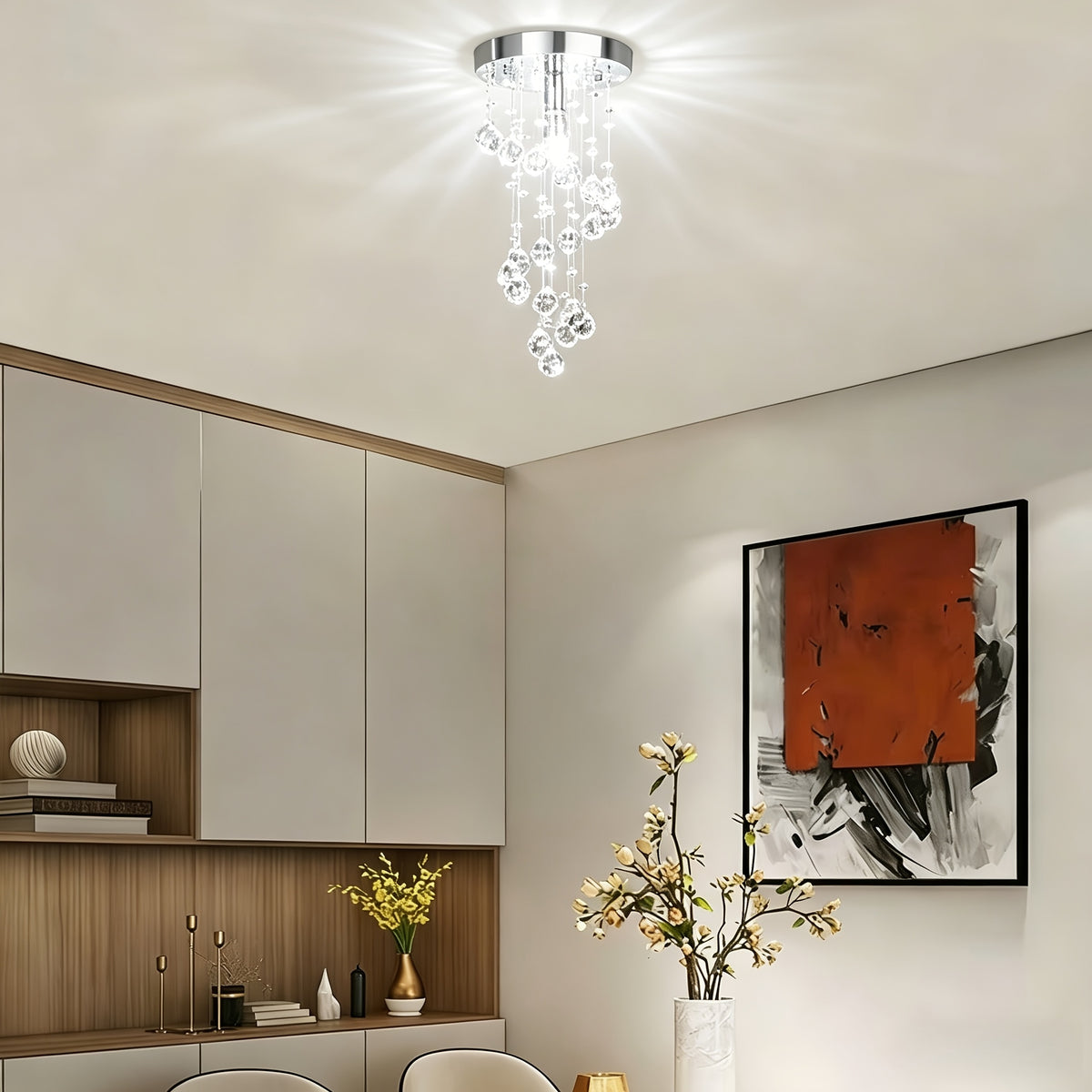 Lustre pluie de boules de cristal, base chromée Ø 20 cm, E14
