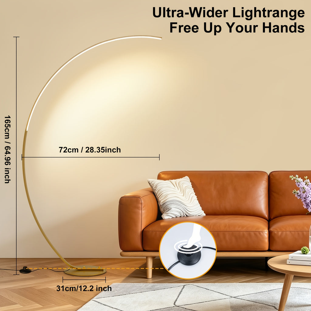 Lampadaire arc LED 165 cm, trois teintes et variateur, doré ou blanc
