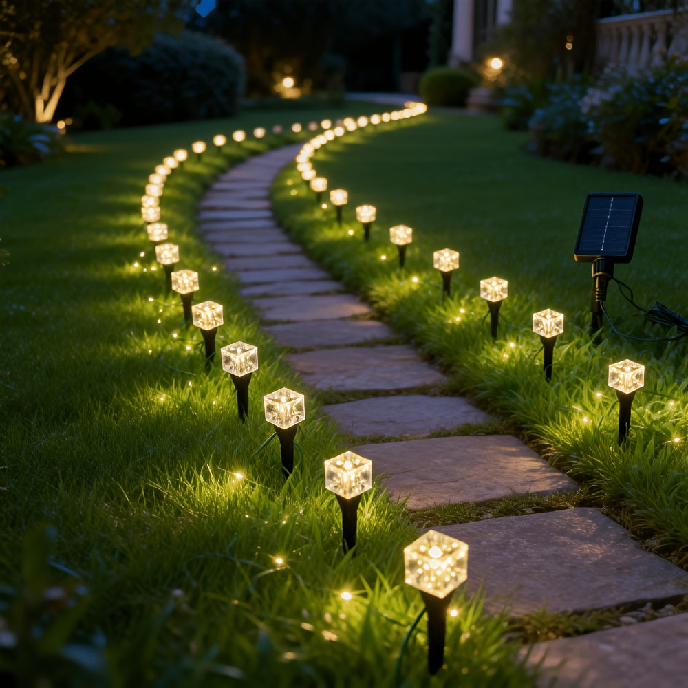 Guirlande solaire cubes effet glaçon sur piquets, 20 ou 30 LED