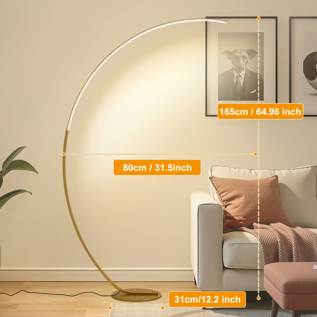Lampadaire arc LED doré à télécommande, teinte réglable, 165 cm