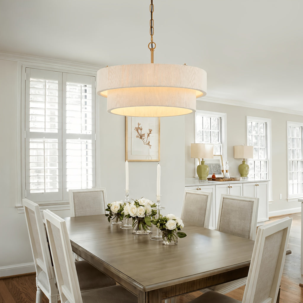 Lustre tambour à deux étages effet tissé blanc, chaîne dorée, Ø 50 cm