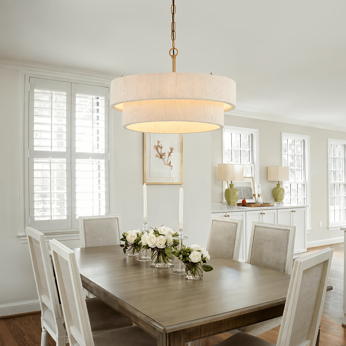 Lustre tambour tissé à double étage et chaîne dorée