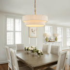 Lustre tambour à deux étages effet tissé blanc, chaîne dorée, Ø 50 cm