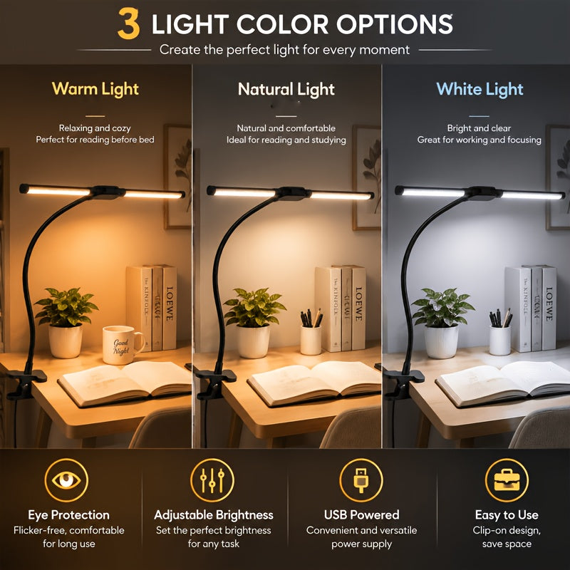 Lampe de bureau à pince double barre LED noire, col de 29 cm