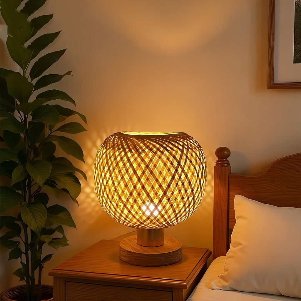 Lampe de chevet boule en bambou tressé croisé, 22 cm, câble USB