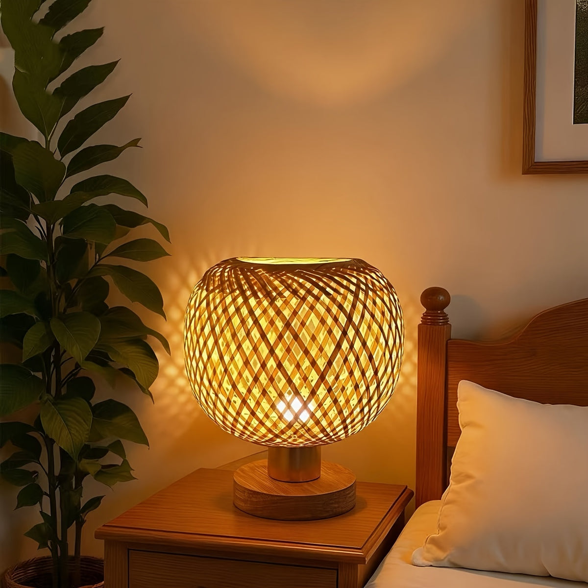 Lampe de chevet boule en bambou tressé croisé, 22 cm, câble USB