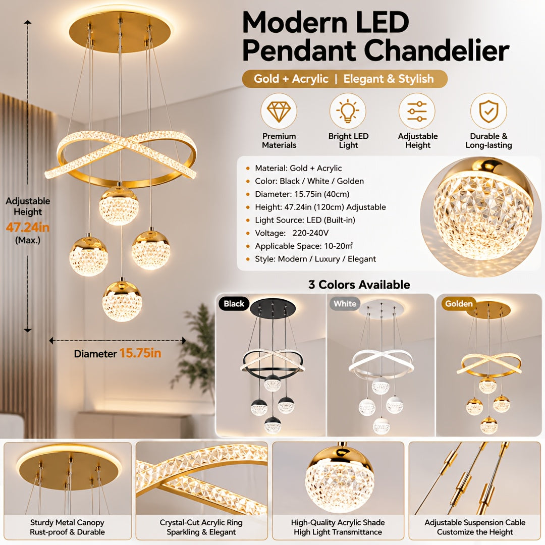 Lustre LED anneaux croisés et trois globes effet cristal, Ø 40 cm
