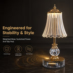 Lampe de chevet sans fil dorée, abat-jour strié et boule à facettes