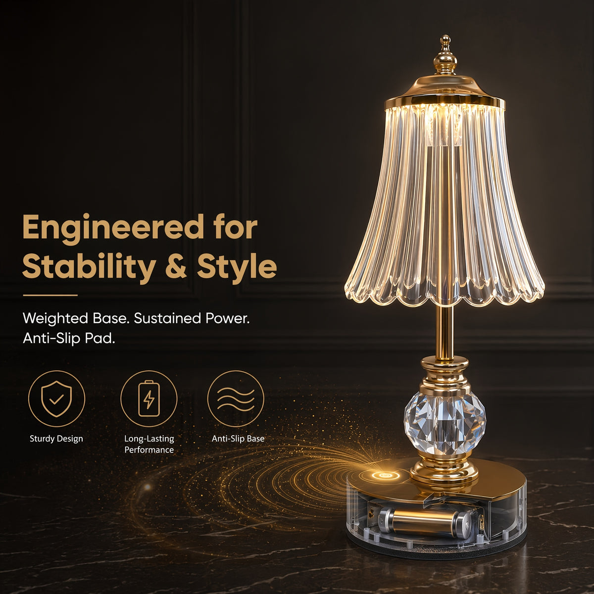 Lampe de chevet sans fil dorée, abat-jour strié et boule à facettes