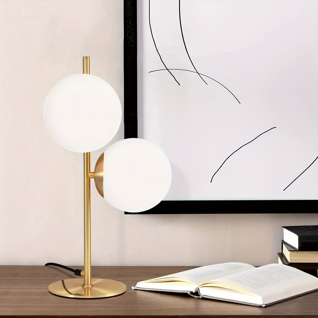 Lampe de chevet à deux globes en verre opalin, pied doré ou noir