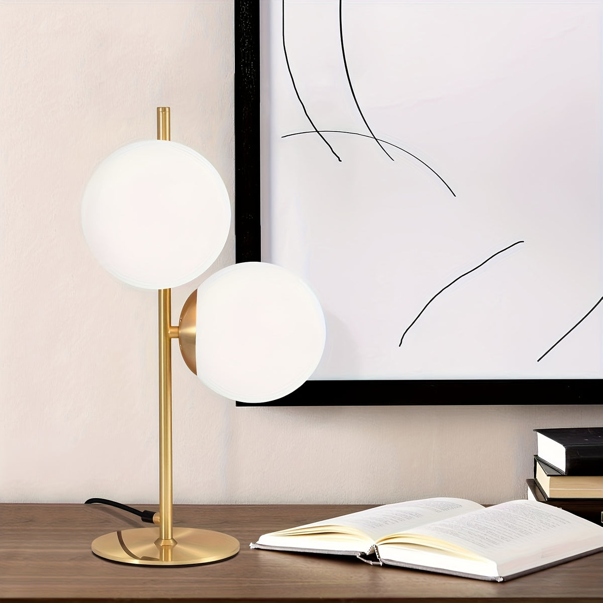 Lampe de chevet à deux globes en verre opalin, pied doré ou noir