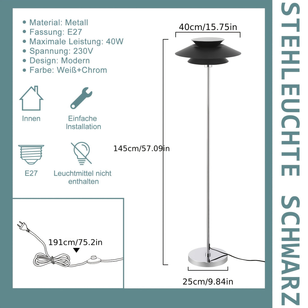 Lampadaire à abat-jour double disque noir et pied chromé, 145 cm