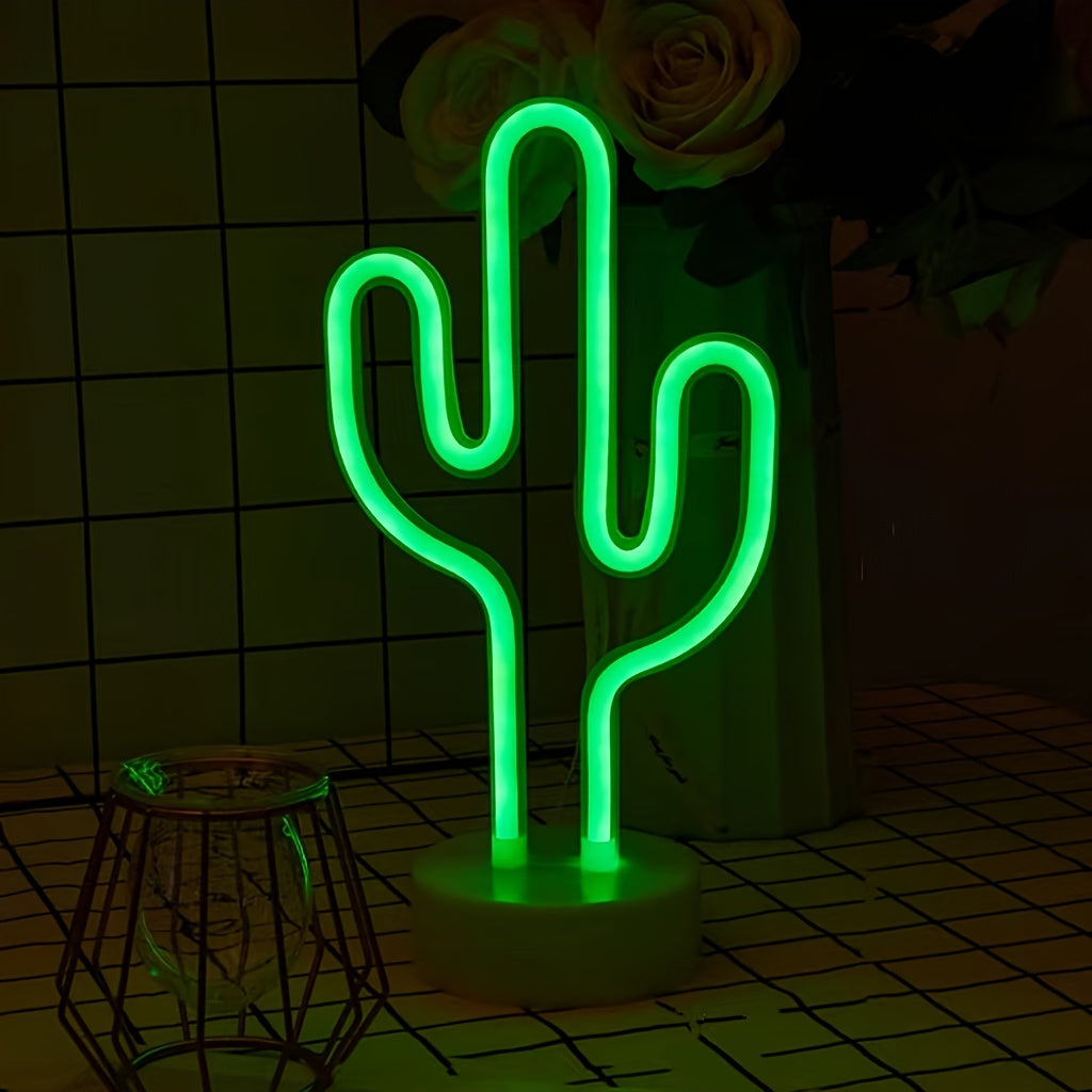 Néon LED cactus vert sur socle blanc, à piles ou USB, 14 x 20 cm