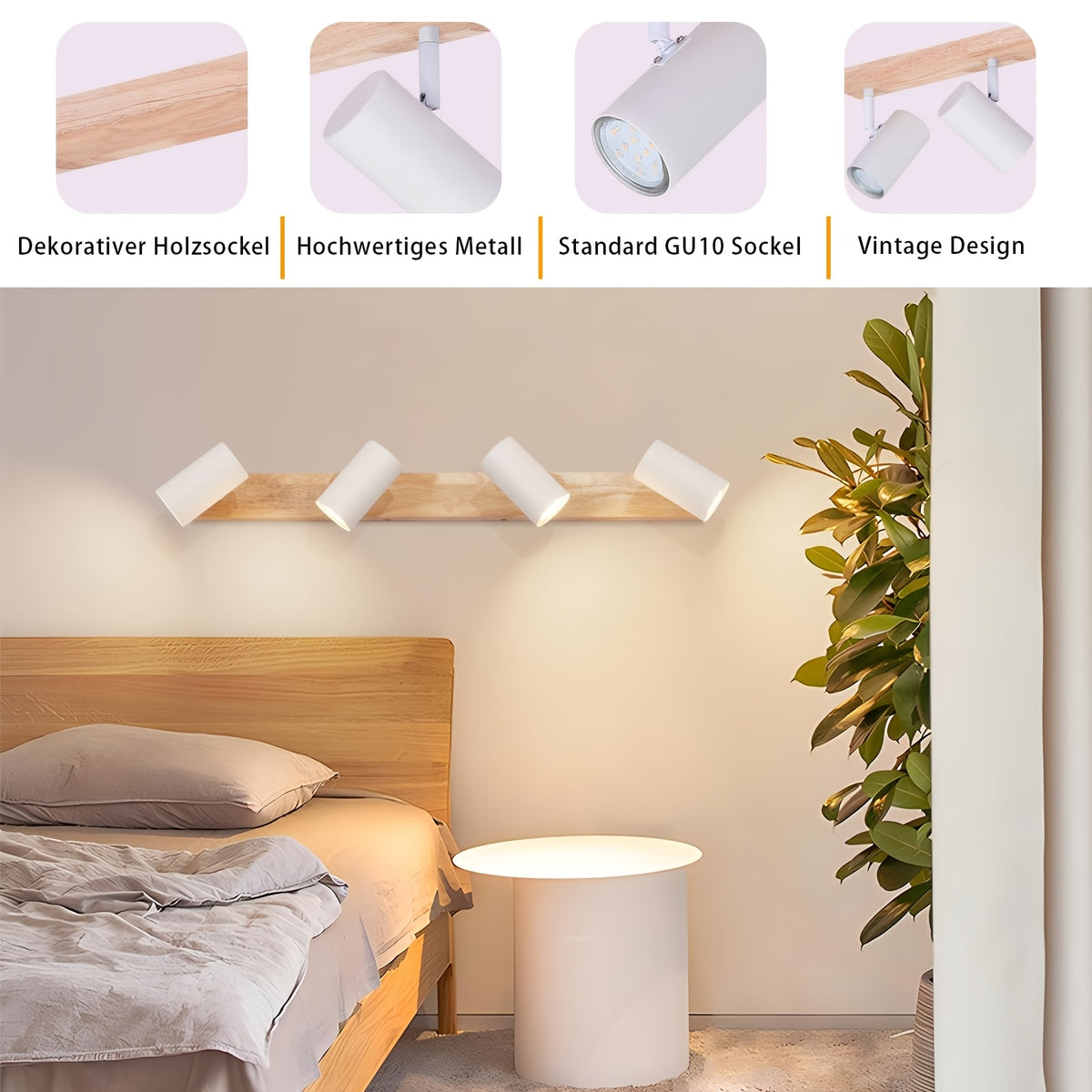 Plafonnier 4 spots GU10 orientables, spots blancs sur barre en bois