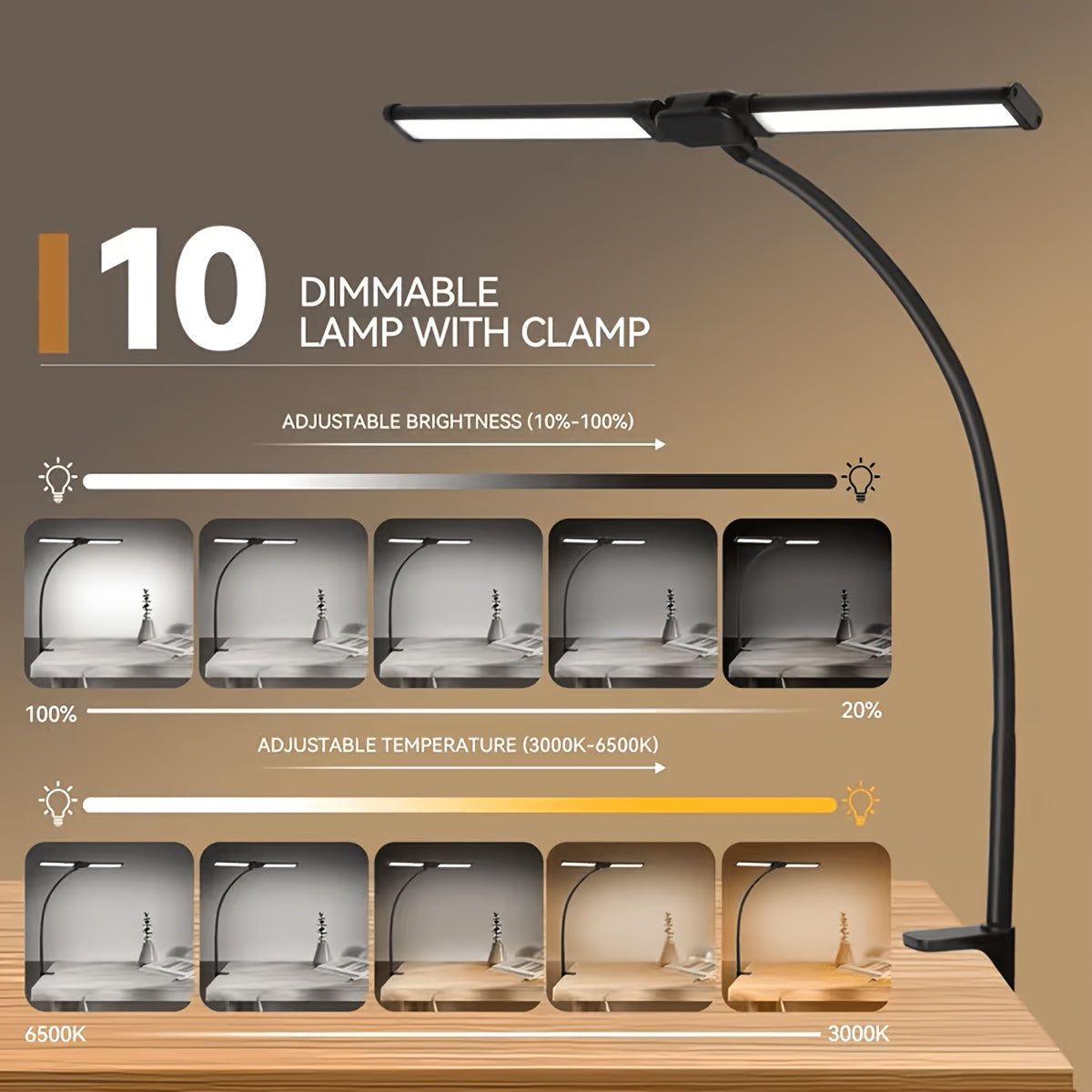 Lampe de bureau à pince à double tête LED de 61 cm, tactile, USB