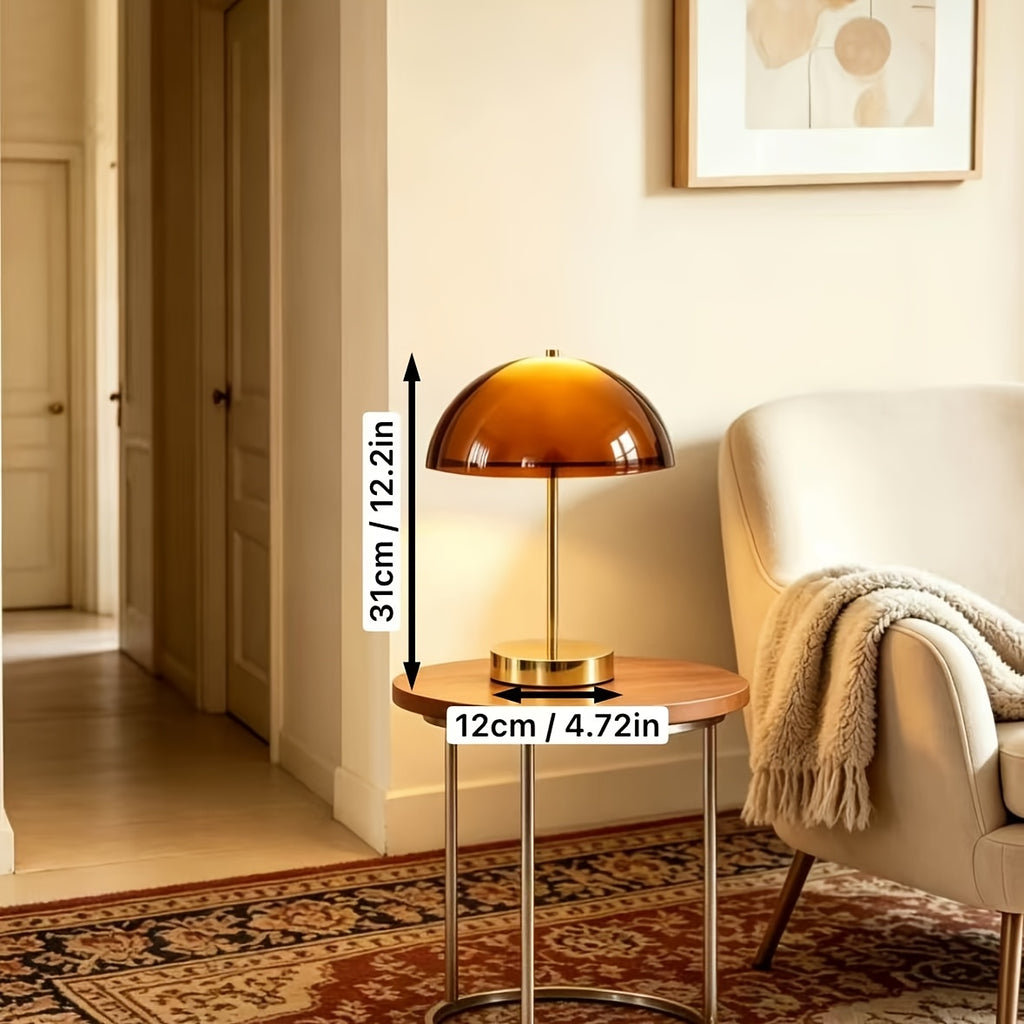 Lampe champignon à dôme ambré translucide et pied doré, 31 cm