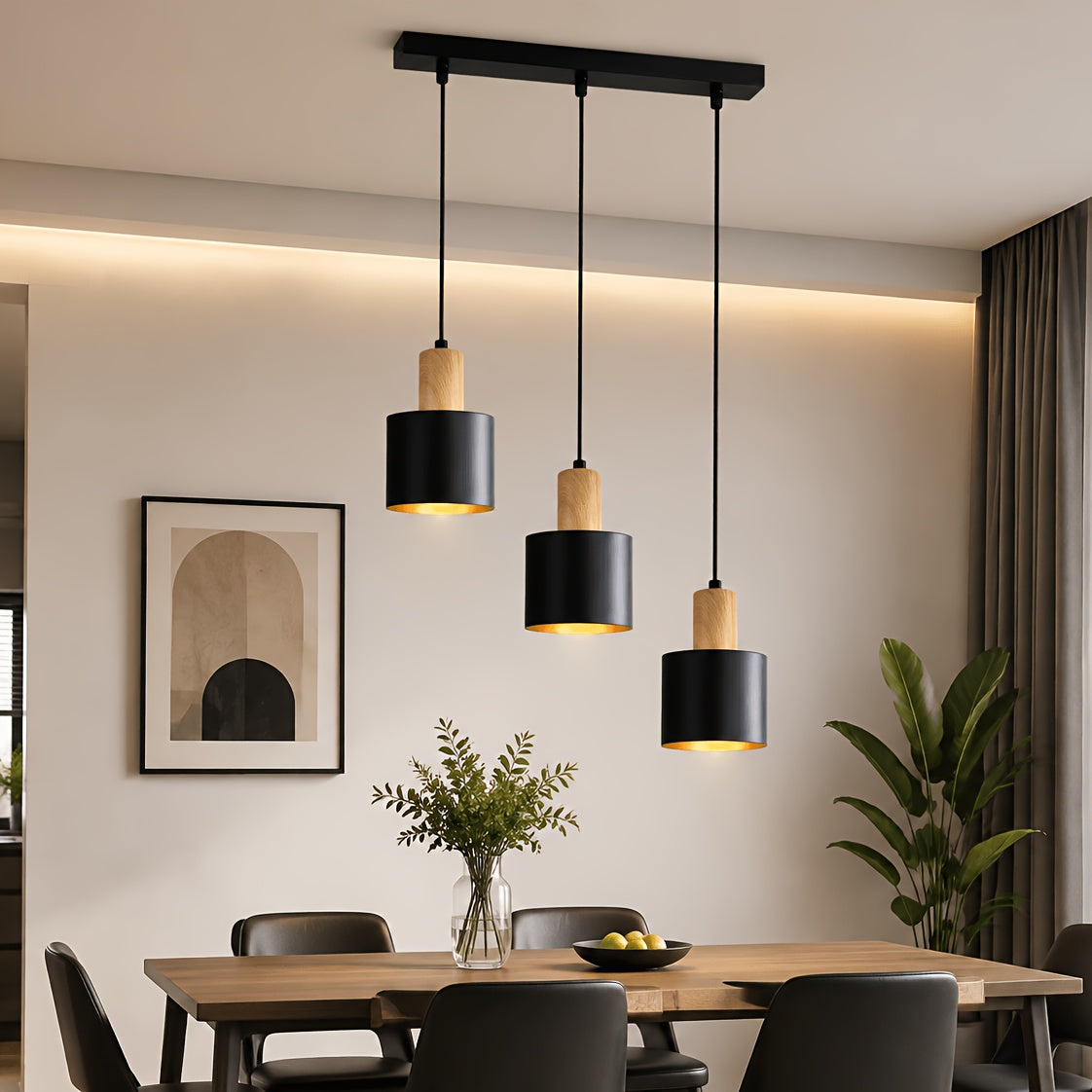 Suspension 3 abat-jour noirs à col effet bois, intérieur doré
