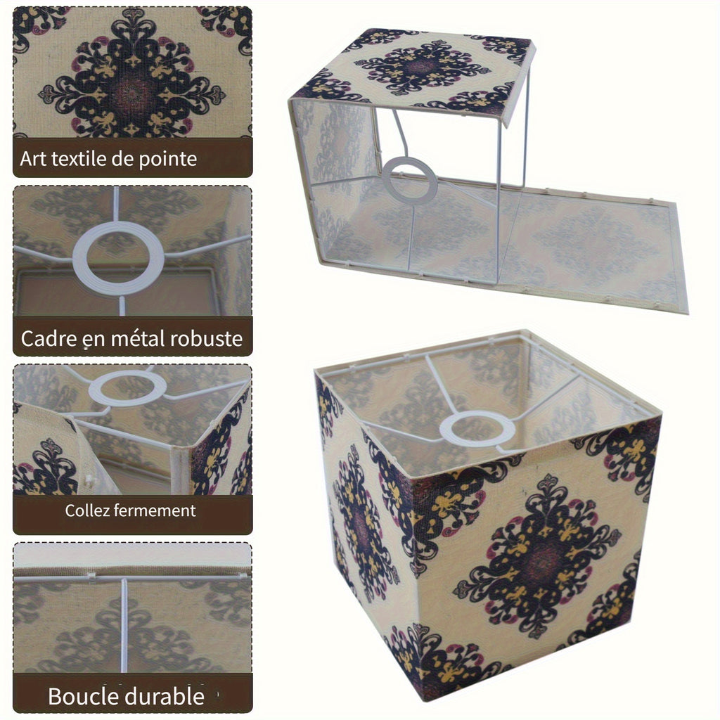 Abat-jour cube en tissu à médaillons bohèmes bleu nuit, 20 cm