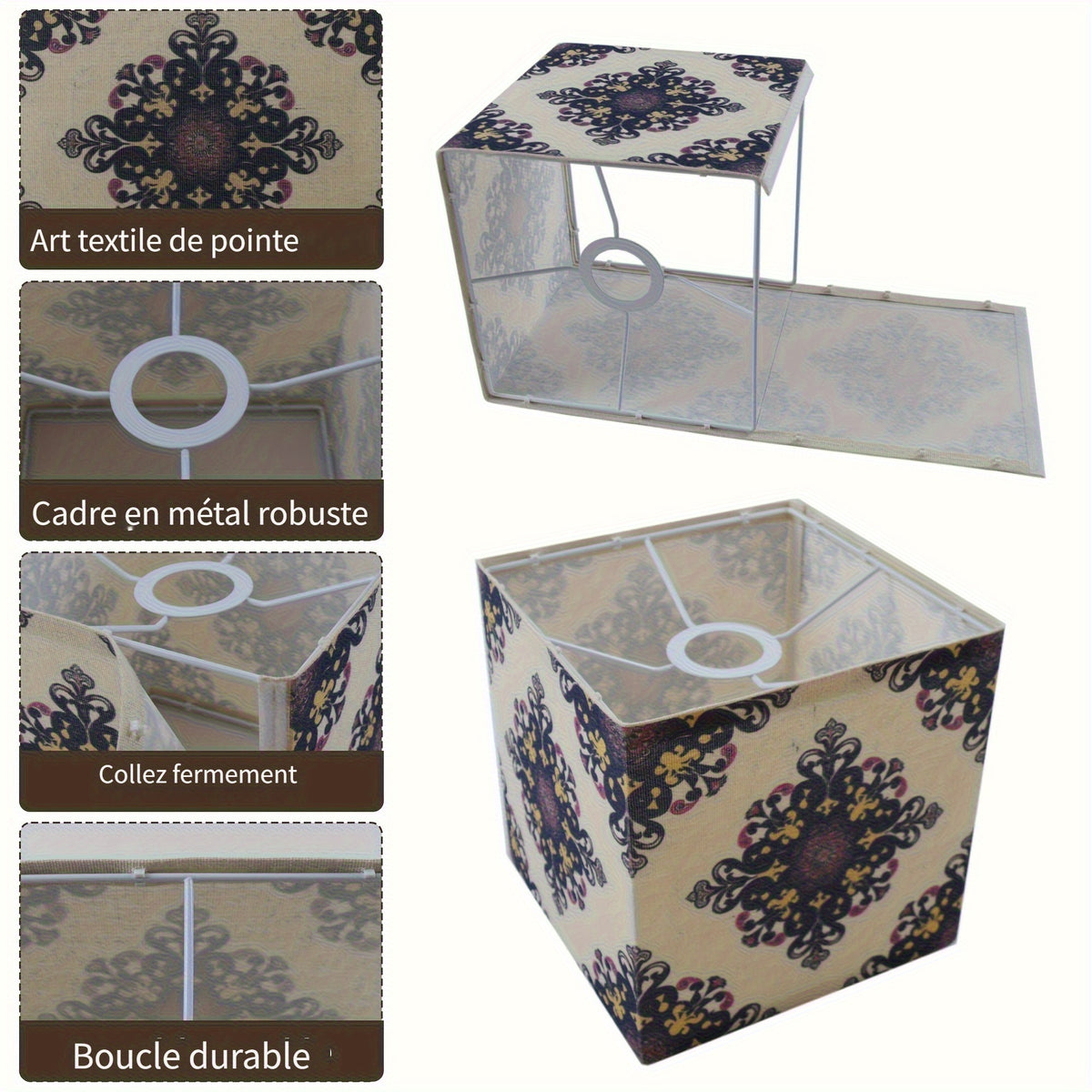 Abat-jour cube en tissu à médaillons bohèmes bleu nuit, 20 cm