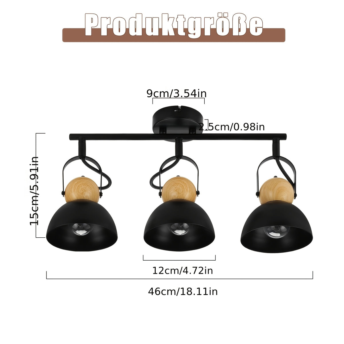 Spot de plafond rétro 3 ou 4 dômes orientables, rotule bois, E27