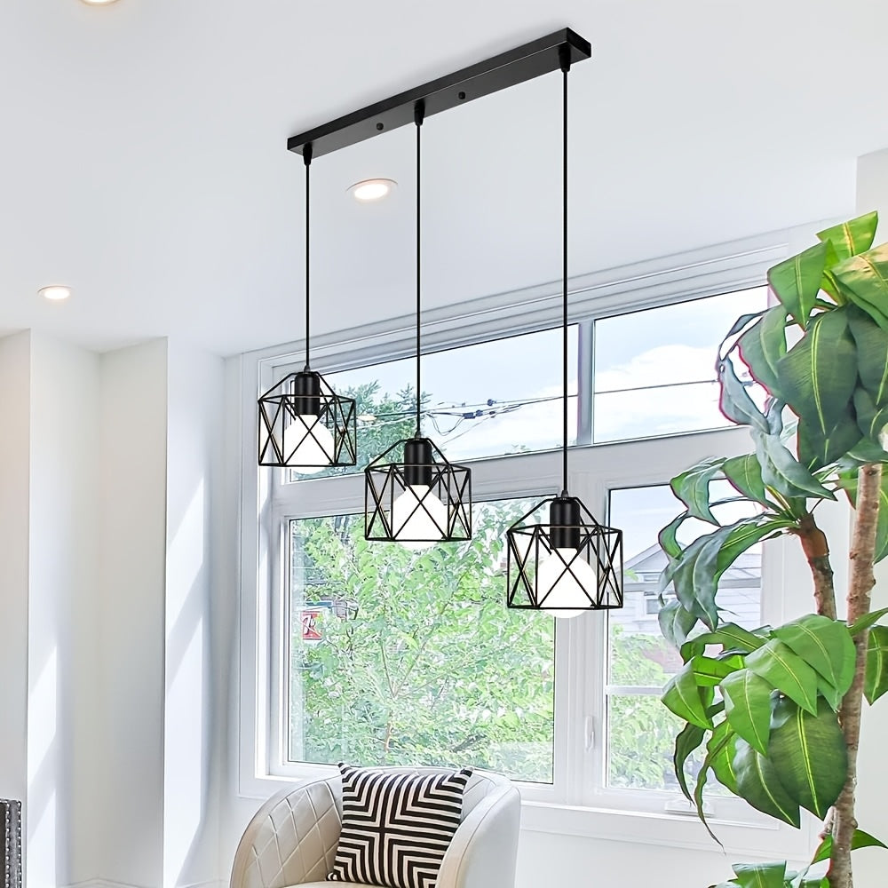 Suspension 3 lampes à cages noires géométriques