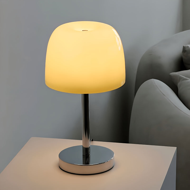 Lampe de chevet champignon en verre crème sur pied chromé, 35 cm