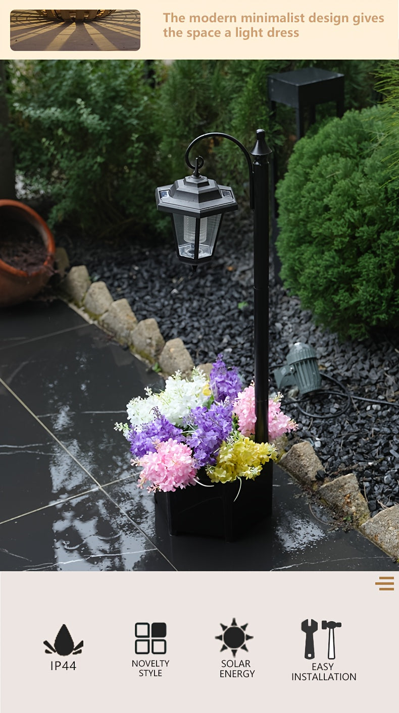 Lampadaire solaire 85 cm à jardinière hexagonale et lanterne suspendue