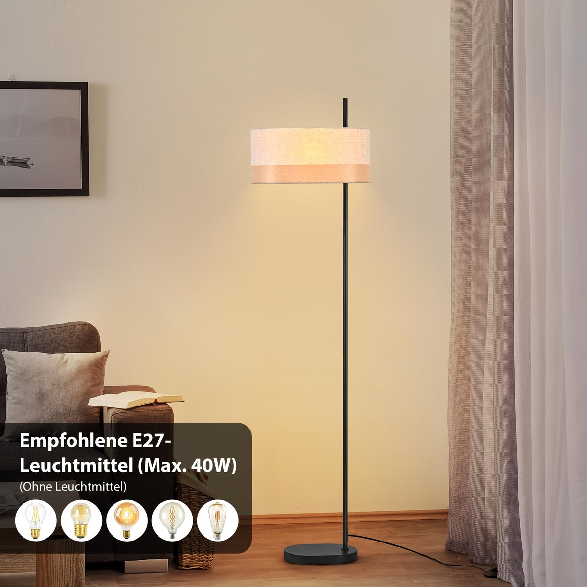 Lampadaire à abat-jour tambour en lin beige et mât noir, 154 cm