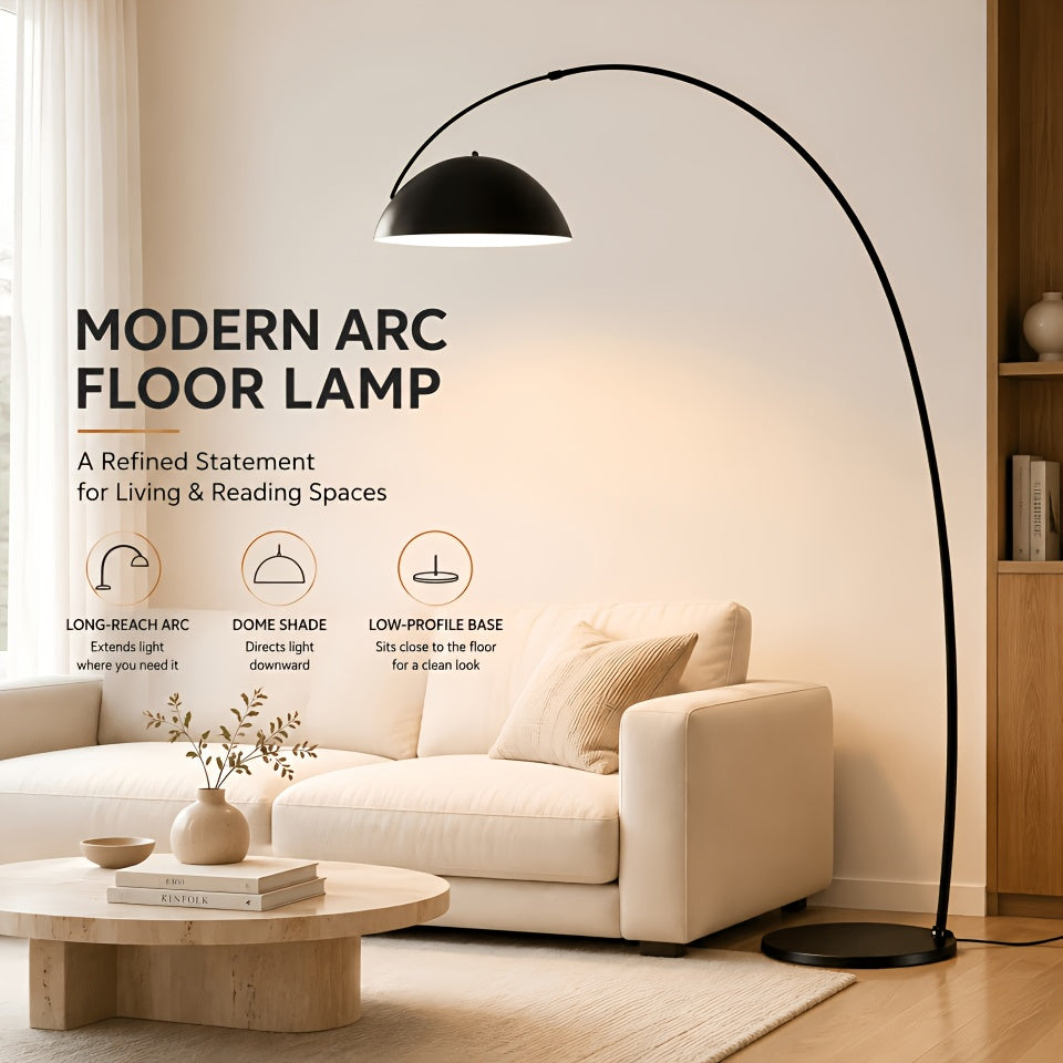 Lampadaire arc noir mat, dôme métal Ø 30 cm et portée réglable