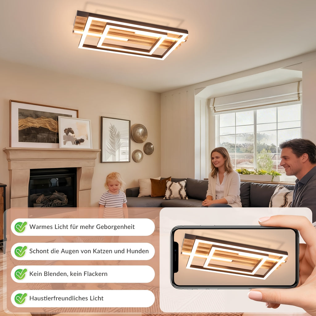 Plafonnier LED compact 38 cm, lattes de bois et cadres noirs