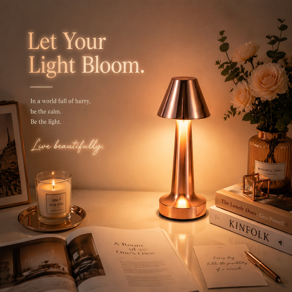Petite lampe sans fil à chapeau conique en métal doré, 20,5 cm
