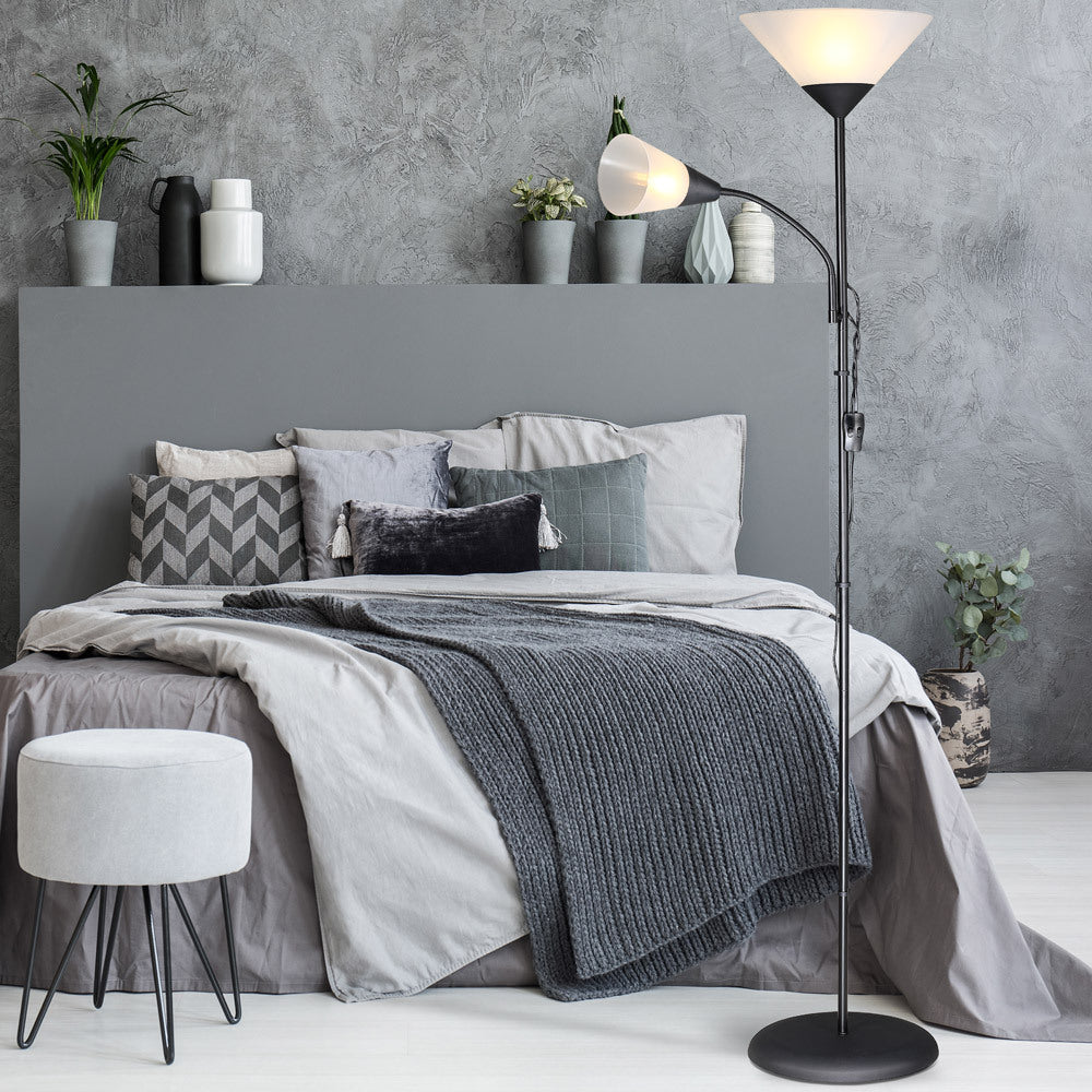 Lampadaire vasque avec liseuse flexible, noir ou blanc, 175 cm