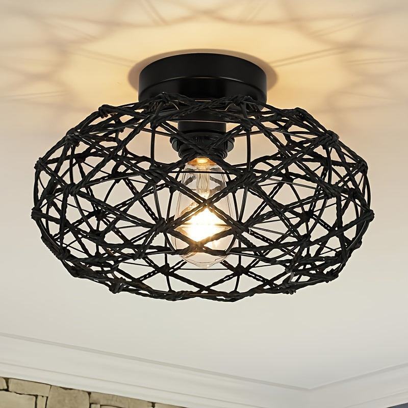 Plafonnier en corde tressée noire, cage géométrique Ø 30 cm E27