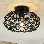 Plafonnier en corde tressée noire, cage géométrique Ø 30 cm E27