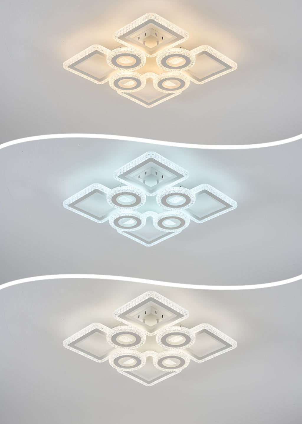 Plafonnier LED géométrique 75 cm, anneaux et carrés, trois teintes