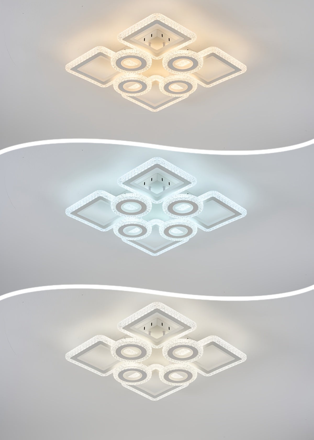 Plafonnier LED géométrique 75 cm, anneaux et carrés, trois teintes
