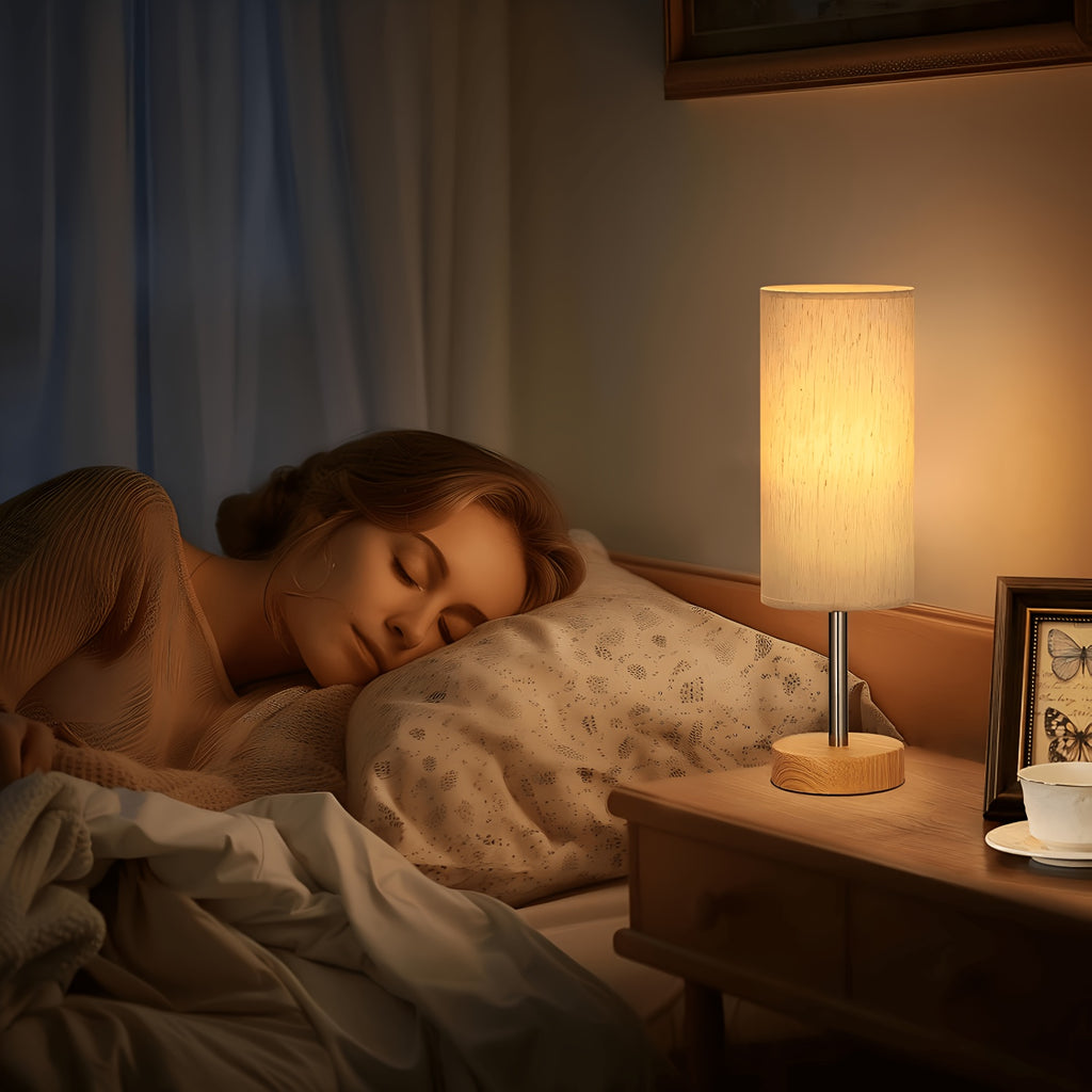 Lampe de chevet tactile cylindre en tissu, socle aspect bois clair