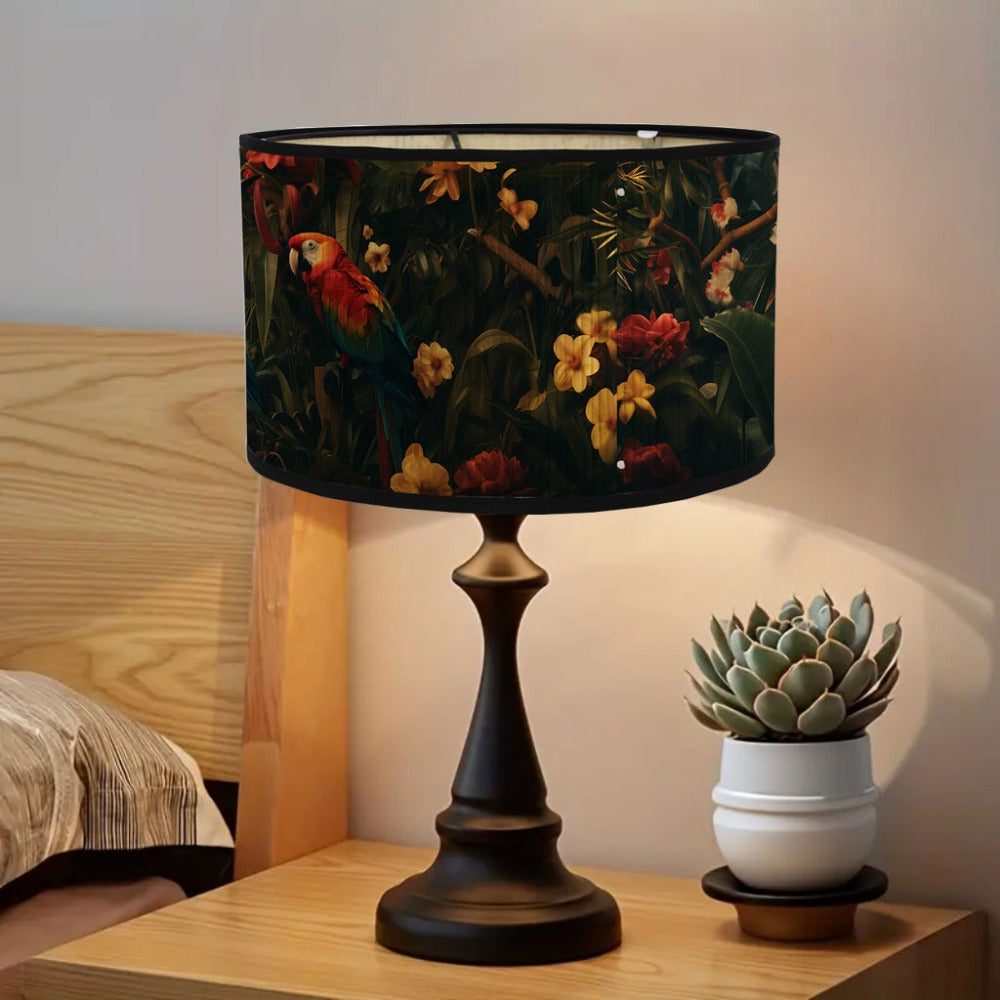 Abat-jour tambour jungle au perroquet, fond vert sombre, Ø 30 cm