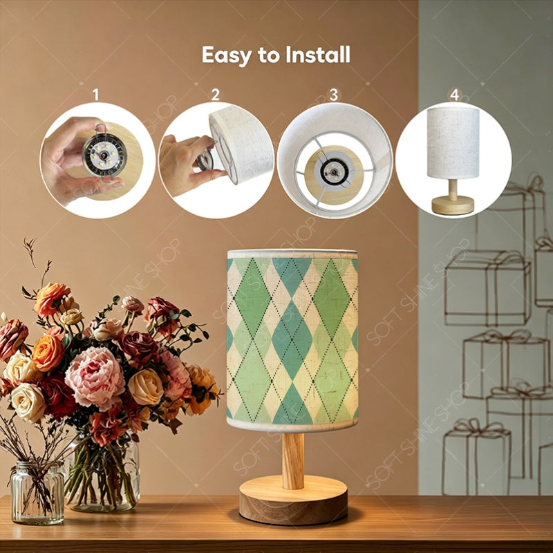 Lampe de chevet en tissu à motif losanges verts et crème, USB
