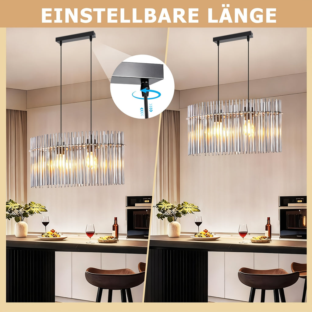 Suspension d'îlot 3 lumières en verre fumé cannelé, barre de 48 cm