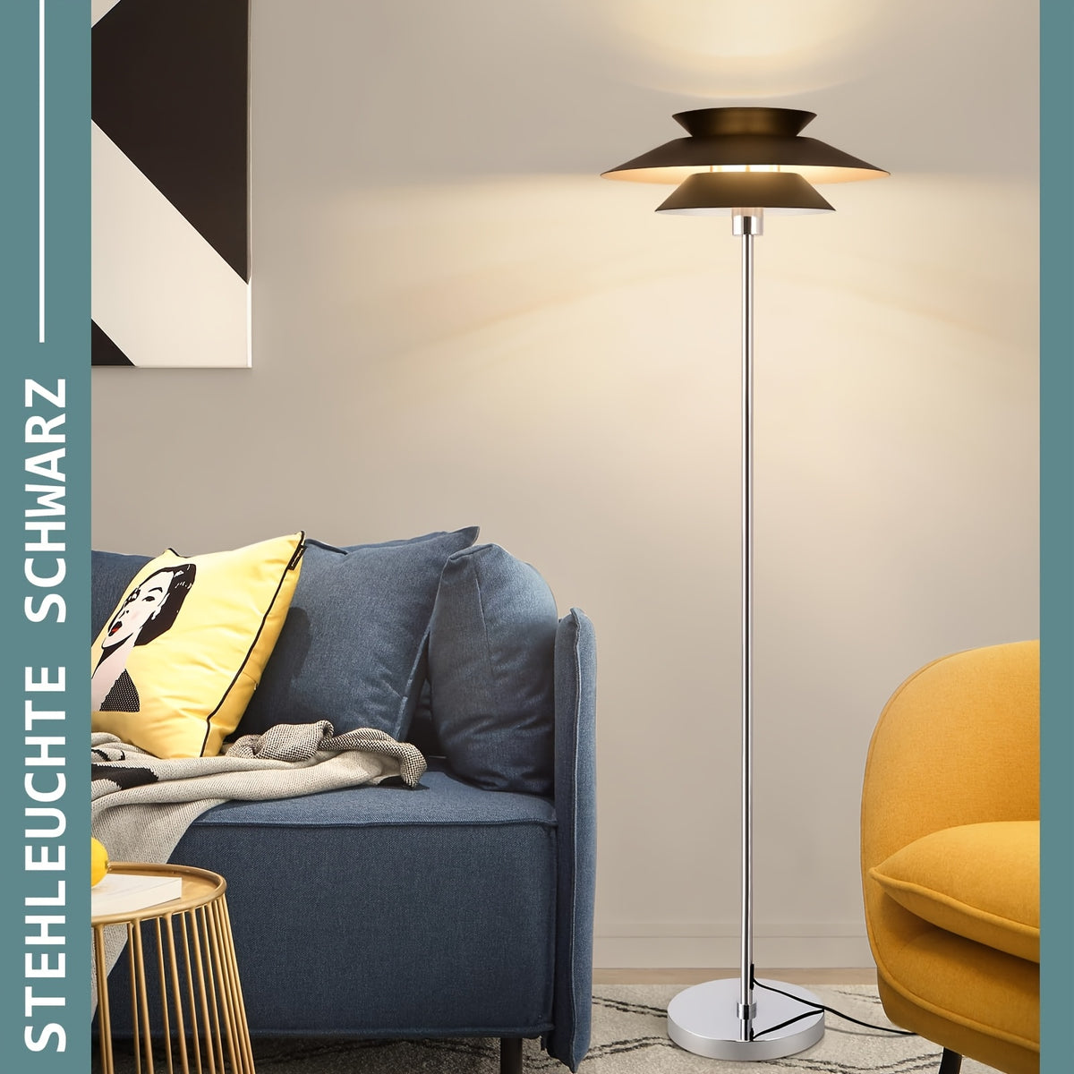 Lampadaire à double coupole noire et tige chromée, 145 cm