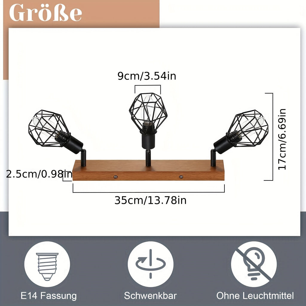 Plafonnier cages géométriques noires sur socle effet bois, 2 ou 4 E14