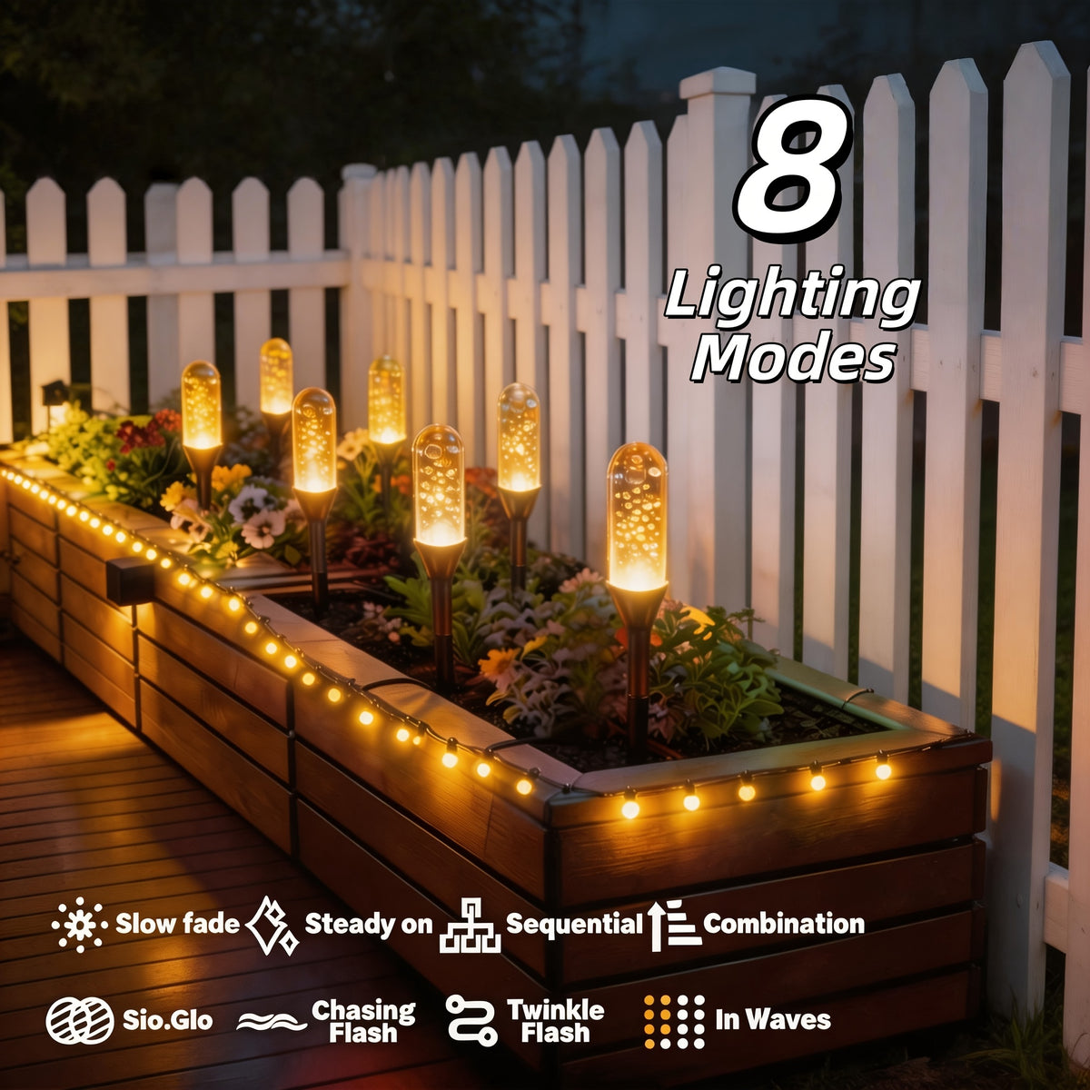 Guirlande solaire de jardin à 20 piquets à bulles, 5 m, 8 modes
