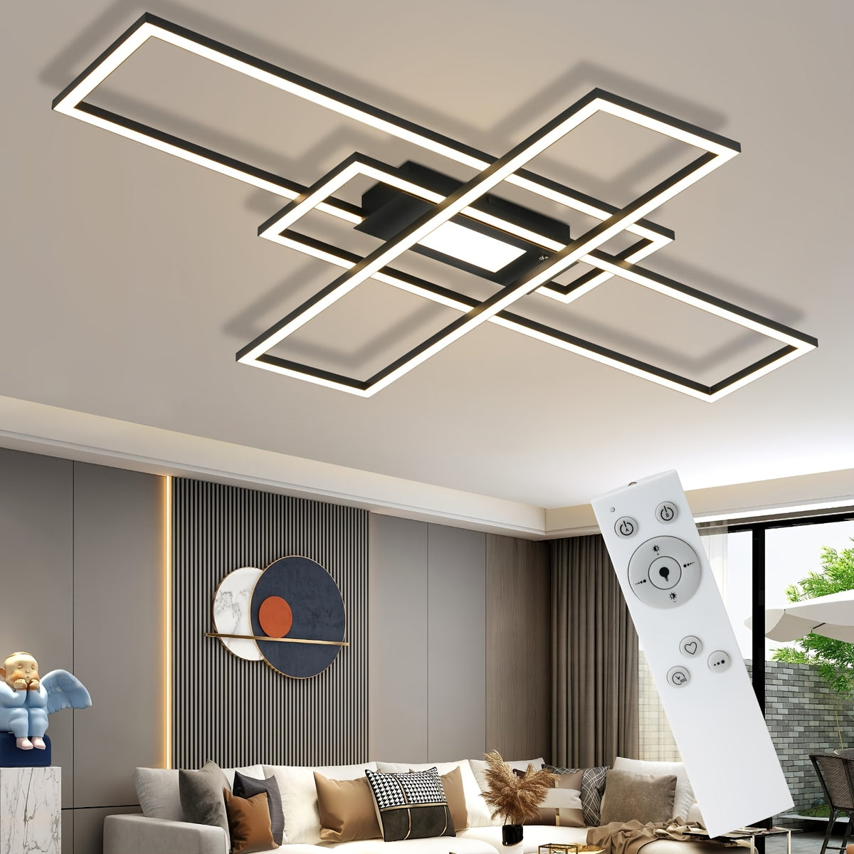 Plafonnier LED rectangles entrecroisés, jusqu'à 100 cm, télécommande