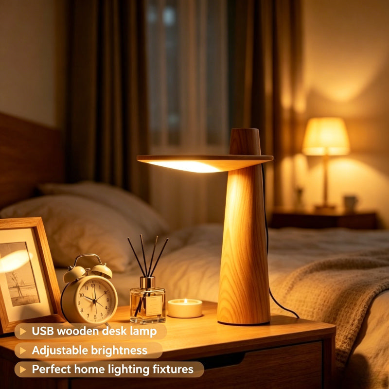 Lampe de chevet en bois à disque lumineux et soliflore intégré