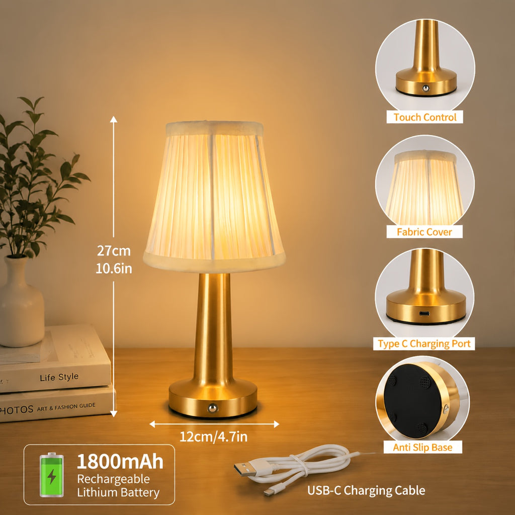 Lampe de table sans fil à abat-jour plissé blanc, pied doré ou argenté