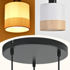 Suspension 3 lumières en tissu blanc à bande beige, rosace ou barre