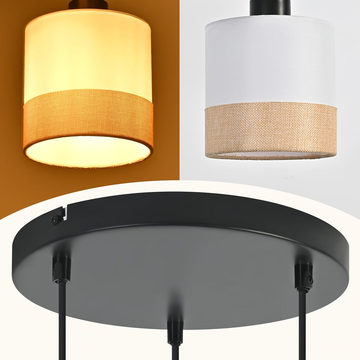 Suspension 3 lumières en tissu blanc à bande beige, rosace ou barre
